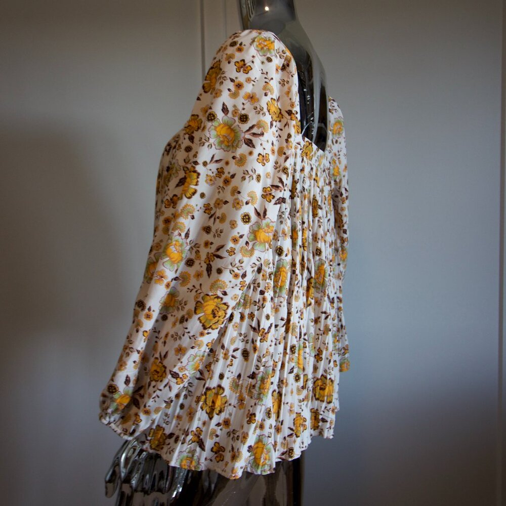 Orange and Creme Pleated Floral Blouse